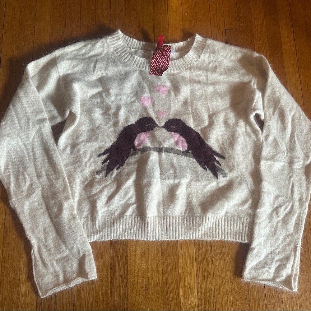 H&M Divided Lovebird Cropped Angora Blend Cream Pullover Sweater, Size 12, NWT